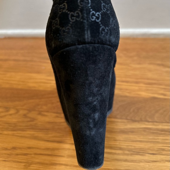 GUCCI Black Suede Courtney Microguccissima Logo Wedge Knee High Boots 37.5 - Picture 5 of 11
